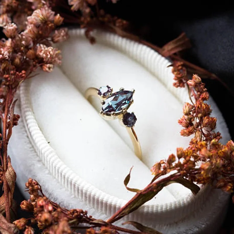 Кольца с синим кристаллом для Для женщин 3 камни для невесты, для свадьбы, помолвки кольца розовое золото Цвет изящное женское кольцо на палец, аксессуары