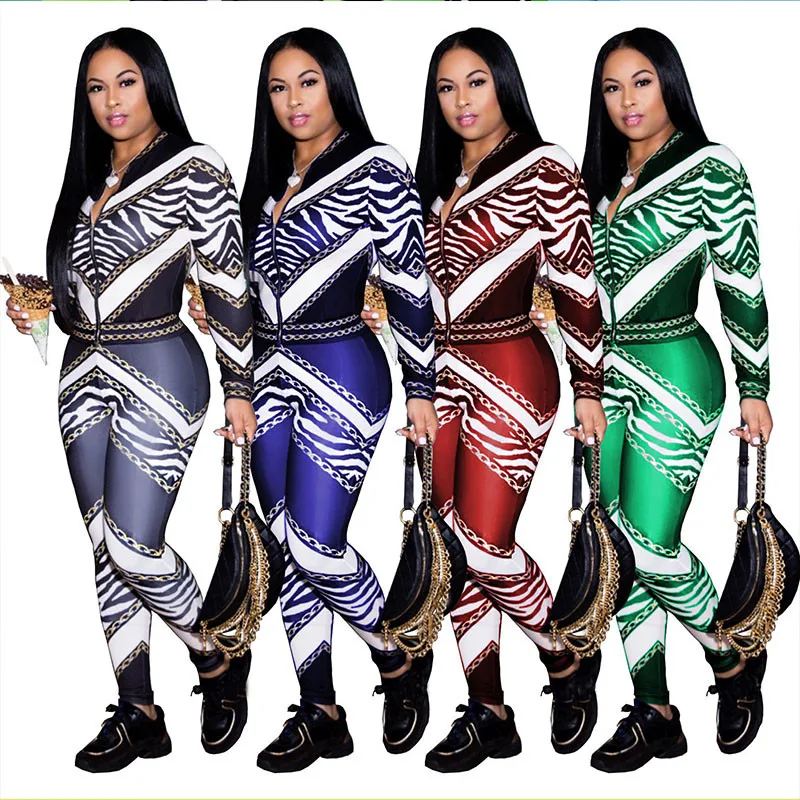 Autumm Winter Zebra Chain Print Two Piece Set Casual Tracksuit for Women Zip Long Sleeve Jackets and Pants Suit Sporty Outfits