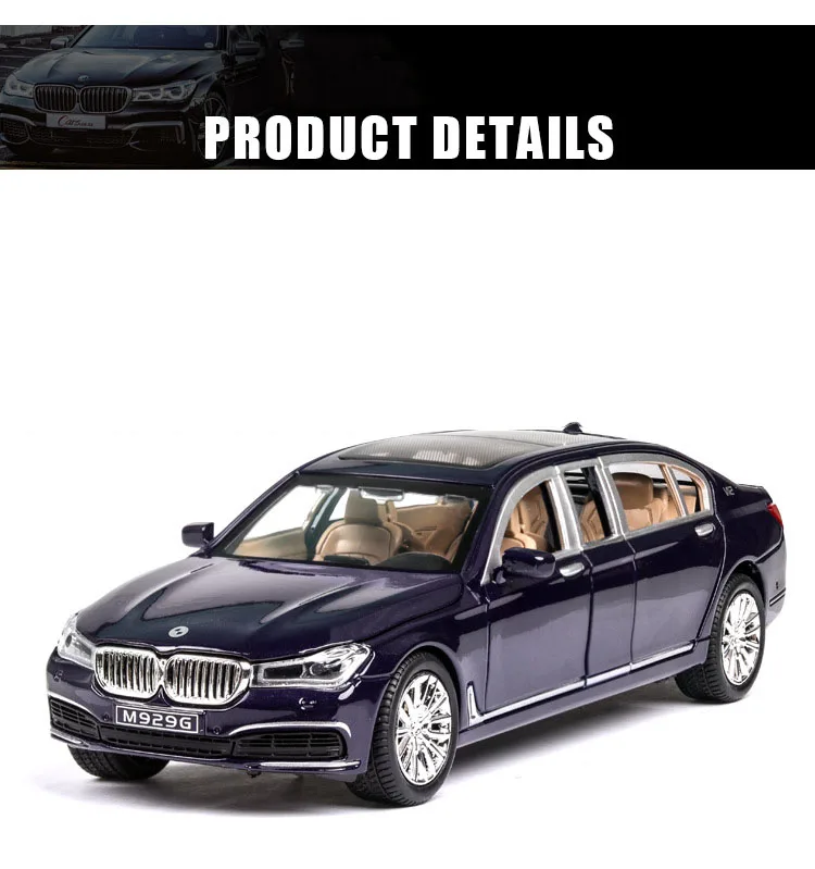 Diecast 1/24 Extend 760LI Model Simulation Metal Car Alloy Cars Lights Sound Vehicles Pull Back Toys Gifts For Kids Children