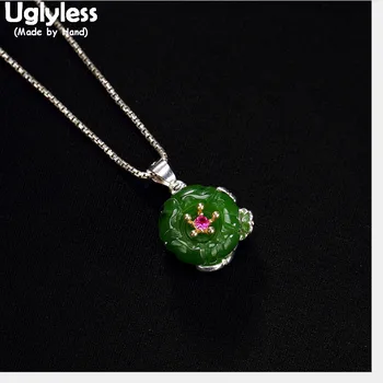 

Uglyless 100% Real 925 Sterling Silver Natural Green Jade Flower Pendants for Women Gemstones Jasper Necklaces NO Chains Jewelry
