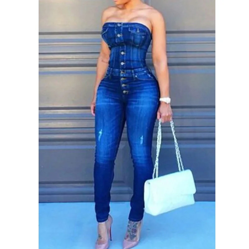 

Sexy Women Strapless Denim Jumpsuit Off Shoulder Summer Sleeveless Backless Jumpsuit One Piece Pants Jean Jumpsuit Overalls
