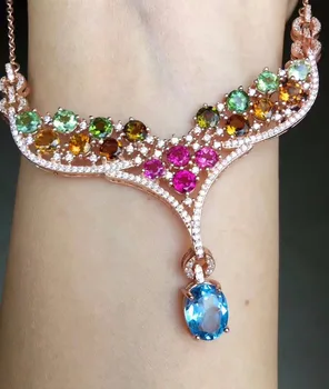 

Natural Multicolor tourmaline Necklace natural gemstone Pendant Necklace S925 Sterling silver trendy water drop party Jewelry