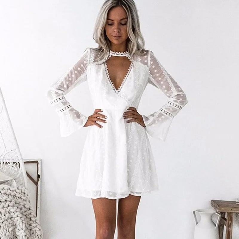 

Women sexy deep v neck flare sleeve lace dot patchwork chiffon wrap dress white short dress Women lace trim night party dress