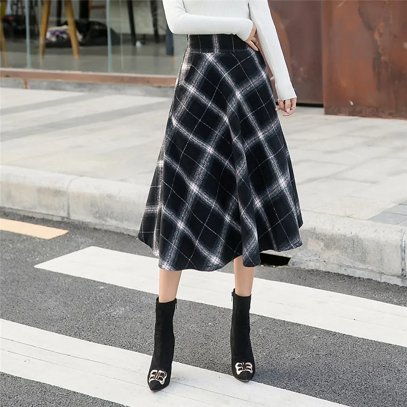 Feitong Female Womens High Elastic Waist Cotton Maxi Skirt A-line Plaid Autumn Winter Warm Straight Flare Long Skirt N15#N (6)