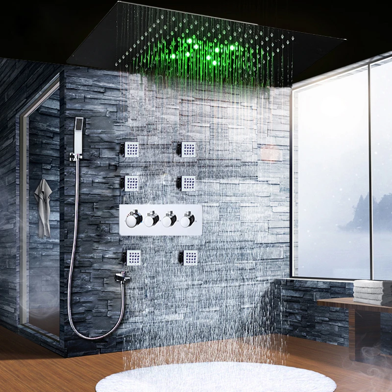 Аксессуары для ванной комнаты современный смеситель для душа потолочный светодиодный Большой дождь душевая головка из нержавеющей стали панель термостат массажный душевой набор