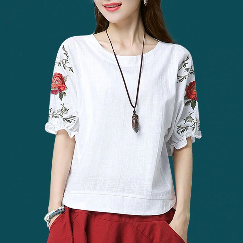 Batwing Sleeve Embroidery Blouse Women 100 Cotton Loose Summer Tops O