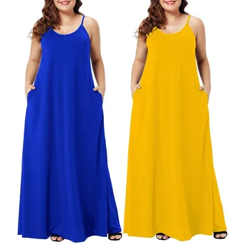 

2019 Plus Size Casual Ladies Summer Dress Womens Plus Size Casual V Neck Sleeveless Pockets ankle Length Party Dress Pregnant