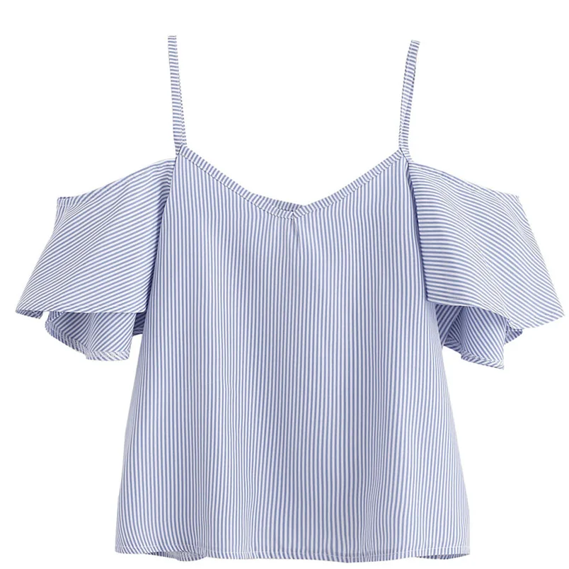 2018 Women Summer New Brand  Crop Top V Neck Sexy Beach Straplessr Pinstripe Blouse Cold Shoulder Tee Fashion female Tops F#M31 (11)