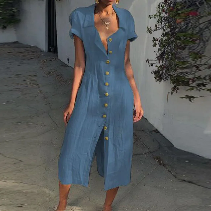 Lipswag 3XL женское однотонное повседневное Свободное платье с коротким рукавом и v-образным вырезом на пуговицах с разрезом на подоле весенне-летнее женское платье-рубашка Vestido - Цвет: Blue