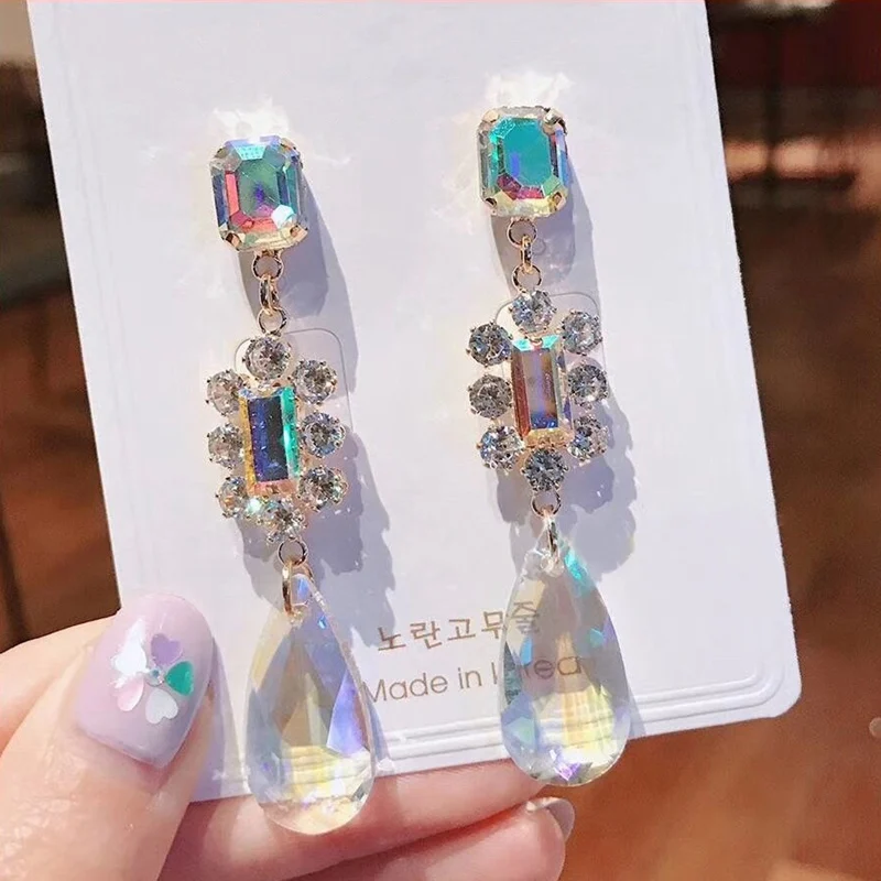 

MENGJIQIAO 2019 Korean New Luxury Water Drop Shiny Crystal Pendant Long Dangle Earrings For Women Fashion Bijoux Party Brinco