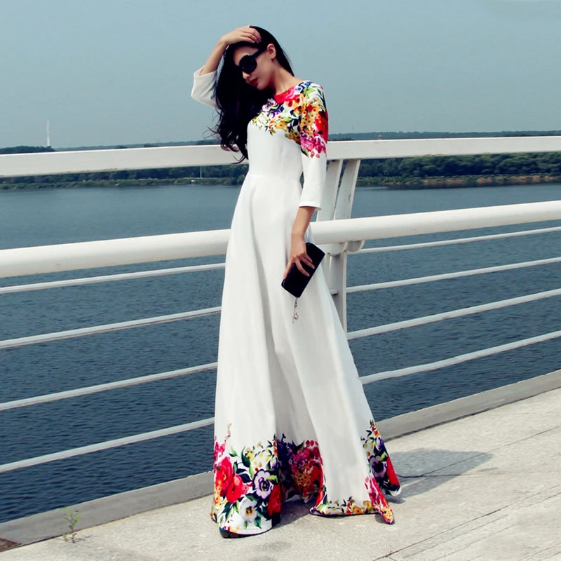 

Free Shipping Hot Sale Fashion Three-quarter Sleeve Flower Printed Round Collar Woman Long Formal Dress White