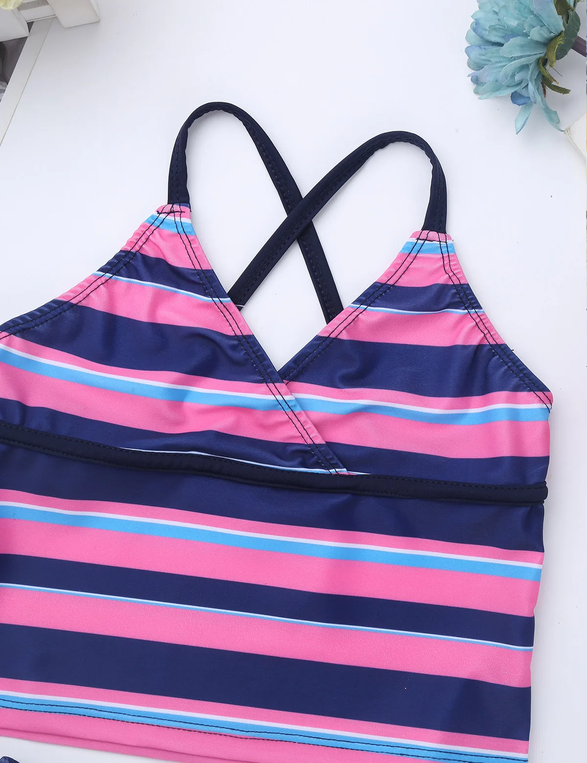 TiaoBug Kids Teens Tankini Spaghetti Straps Striped Swimsuit Swimwear Tops Bottoms Bikini Set Children Girls Beach Bathing Suits