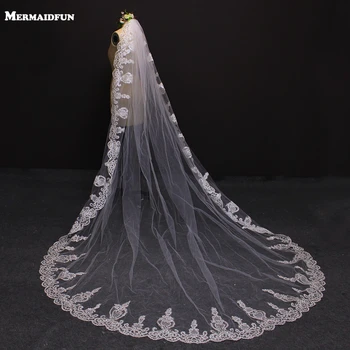 

One Layer Lace Edge 3 Meters Bling Sequins Cathedral Wedding Veil with Comb 3M White Ivory Bridal Veil Sluier