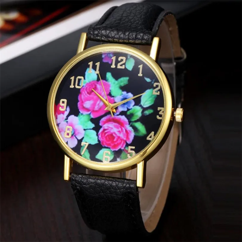 

Women Watches 2018 Famous Brand Watch Women Vogue Women's Leather Rose Floral Printed Analog Quartz Wrist Watch Relogio Feminino