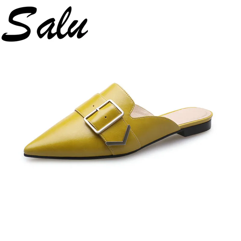 

Salu 2019 Comfortable Square Low Heel Sandals High Quality Cow Leather Solid Casual Shoes Elegant Shoe Woman New Sandals