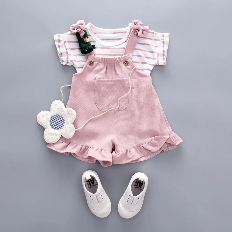 

summer Baby girl Clothing Sets Girl Casual cute cotton short sleeve T-shirt+strap shorts 2pcs Baby suit