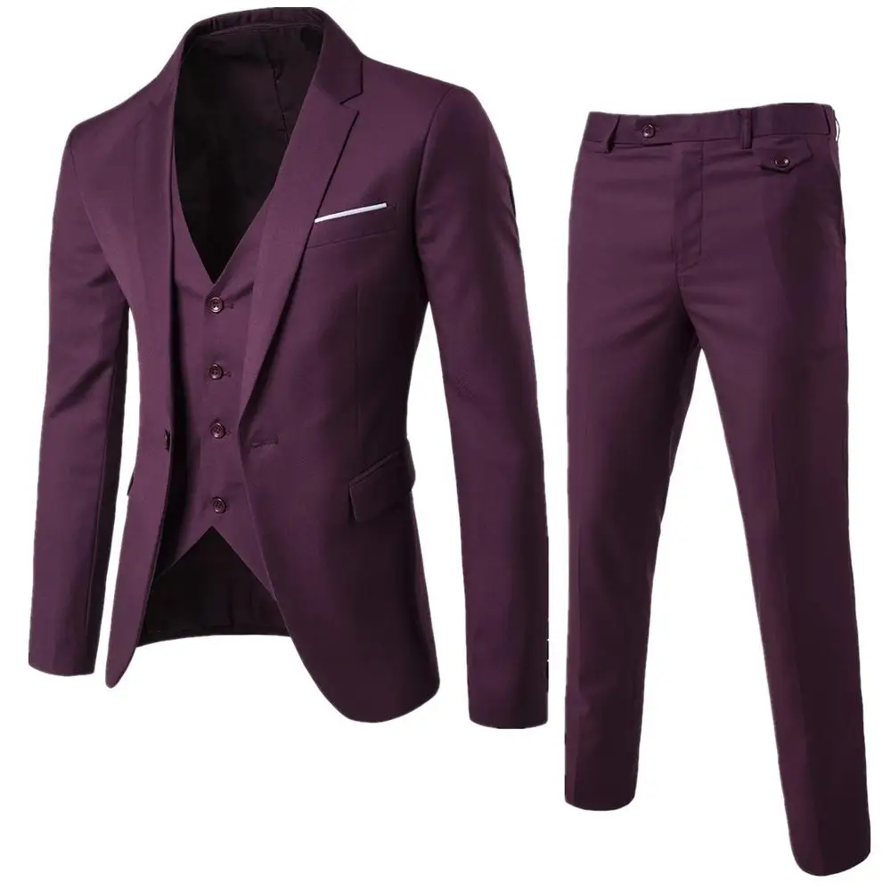 Пиджак+ брюки+ жилет) роскошный мужской свадебный костюм, мужские блейзеры, приталенные костюмы для мужчин, деловой вечерний синий классический черный - Цвет: Бургундия