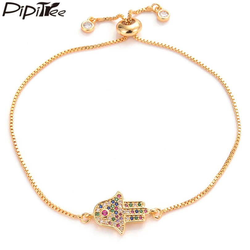 

Pipitree Trendy Multi CZ Zircon Hamsa Hand Bracelet Copper Chain Charm Hand of Fatima Bracelets for Women Men Fashion Jewelry