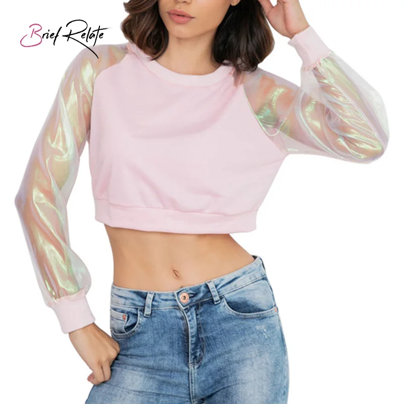 Brief Relate New Cool Puff Long Sleeve Women Hoodies Chic Chameleon Gauze Black Pink Turnover Short Sweatshirt Pullovers Brief Relate New Cool Puff Long Sleeve Women Hoodies Chic Chameleon Gauze Black Pink Turnover Short Sweatshirt Pullovers