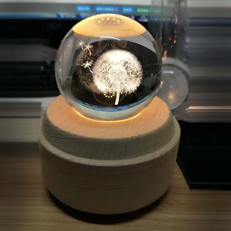Caja de música de bola de cristal de Luna caja de música luminosa de madera manivela de mano mecanismo giratorio innovador para regalo de cumpleaños
