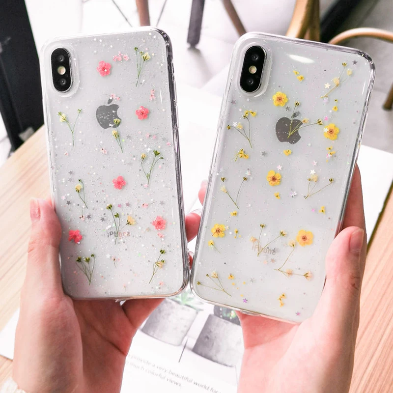 

Real Flowers Transparent Soft TPU Phone Case For iPhone 11 X XS XR XS Max 6 6S 7 8 Plus Dried Flowers Bling beautiful Back Cover