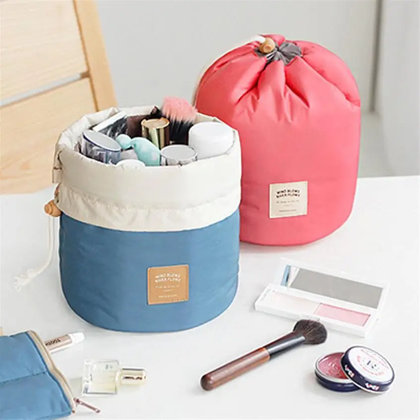 High Capacity Barrel Shaped Travel Women Brand Cosmetic Bags Nylon