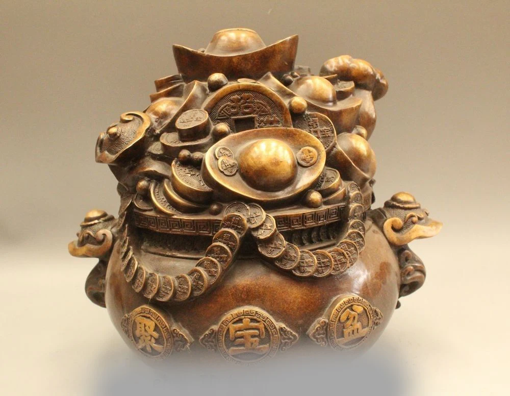 

11" China Dyansty Brass Wealth Dragon Ru Yi Yuan Bao Incense Burner Censer