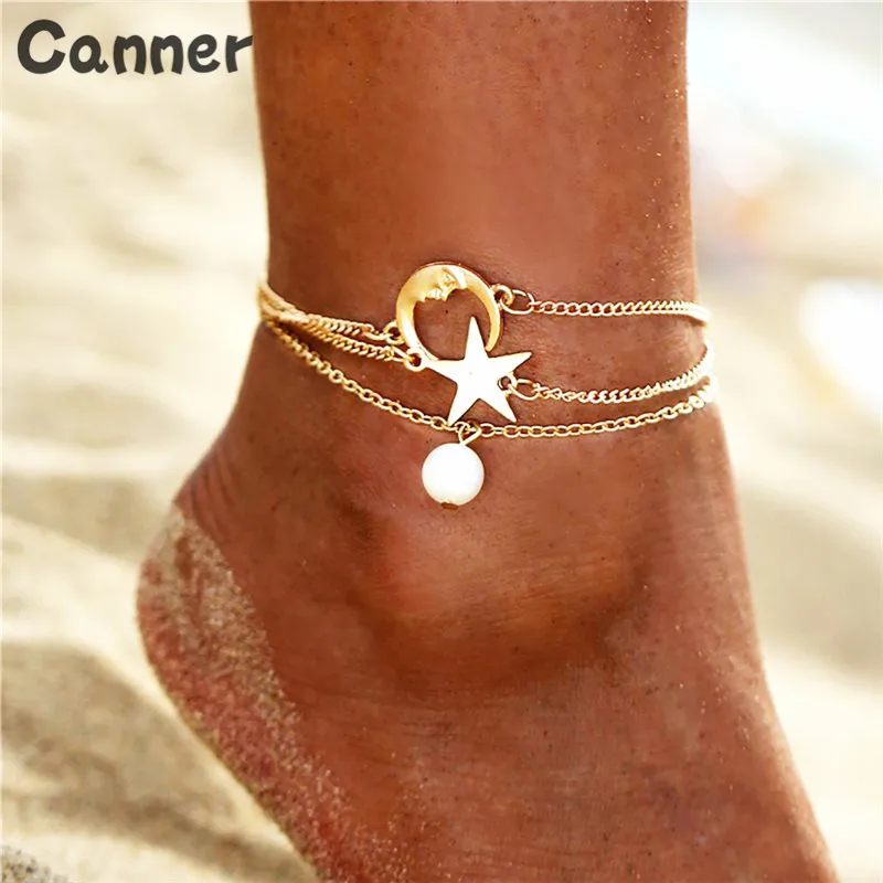 Каннер Boho звезды браслет с подвеской в виде Луны многоярусный Жемчужный Кулон ножной браслет ноги ножной браслет для Для женщин пляжные аксессуары Подарки A30