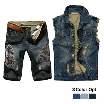 

Men Jean Vest Jacket Set Retro Ripped Destroyed Skinny Hole Top Denim Short Pants 1/2 Trousers Summer Beach Wear Blue Dragon