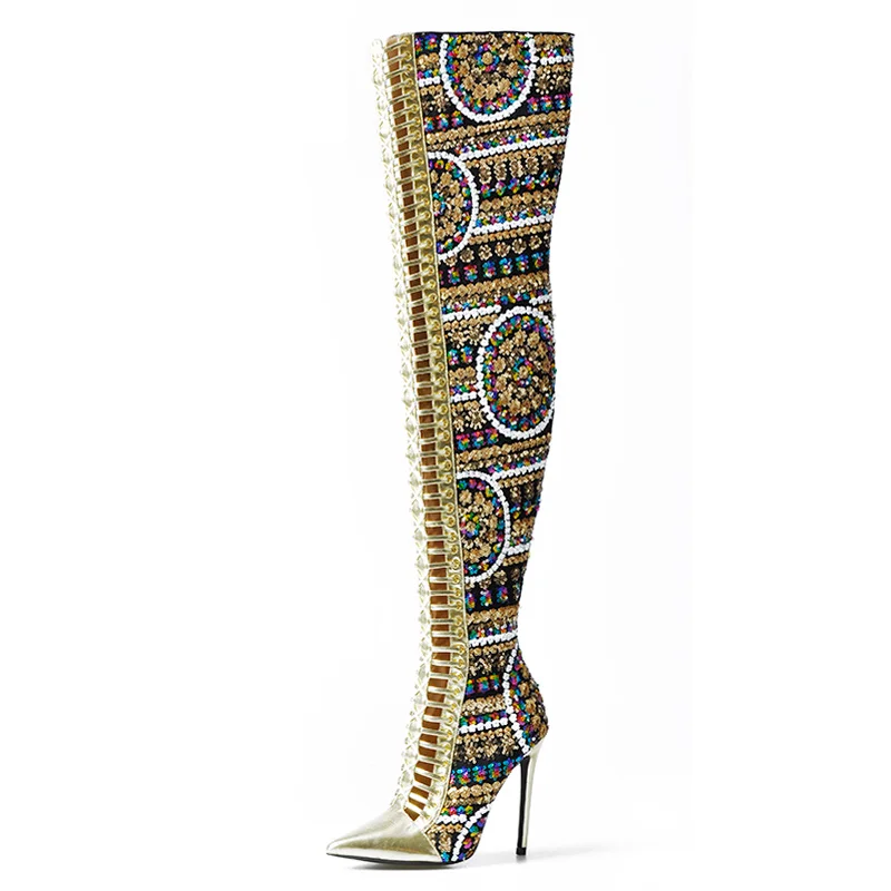 red Internationalen Frauen Heels Knie Kreuz Stiefel Schuhe Die High Gebunden Sommer Winter Sinsaut Gold Zeigen Tuch Pailletten Über Tw6qwC