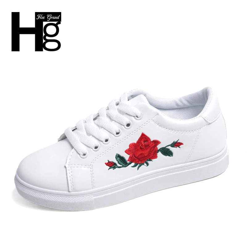 

HEE GRAND Women Casual Flats 2018 Embroider PU Leather Shoes Black White Spring Lace up Platform Girls Shoes Woman XWD6044