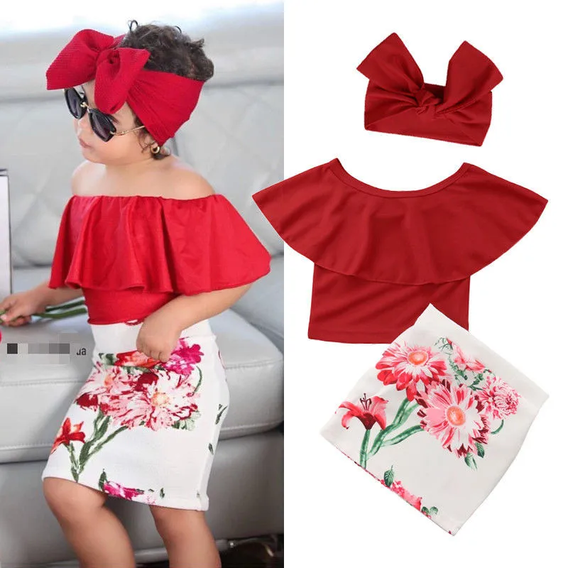 

Newborn Kids Baby Girls clothes sleeveless Ruffle pullover Off Shoulder Tops Floral print Skirts Bow Headband 3pc cotton Outfits