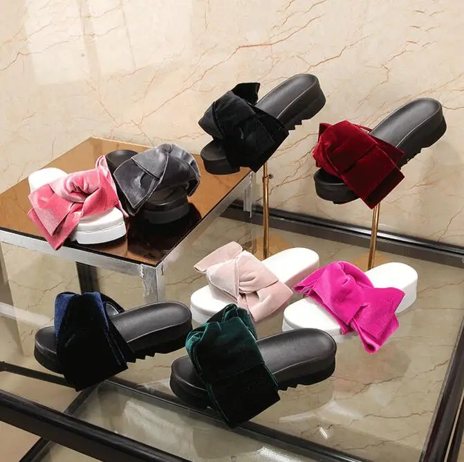 

2017 New Arrivla Knots Fashion Velvet Flip Flops High Platform Wedges Fur Sliders Beach Slippers 8color Toe Peep Shoes