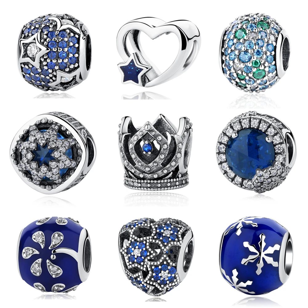 

Authentic 925 Sterling Silver Beads Crystal Snowflake Sky Star Midnight Blue Orbit Fits Original Pandora Bracelets DIY Charms