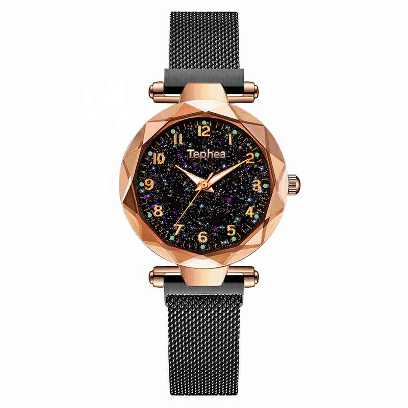 Rose Black 1 Роскошные Звездное небо модные женские часы с магнитной пряжкой цвета Женские кварцевые наручные часы цветы поверхность дизайнерские женские часы - Цвет: Rose Black 1