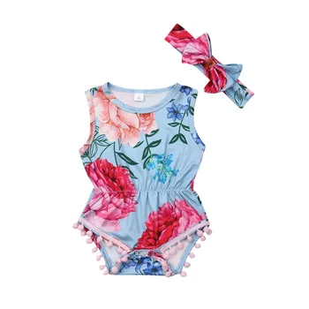 

Cute New Summer Baby Girls Bodysuits Fashion Tassle Newborn Kids Princess Floral Jumpsuit Clothes With Headbands 2Pcs Outfits
