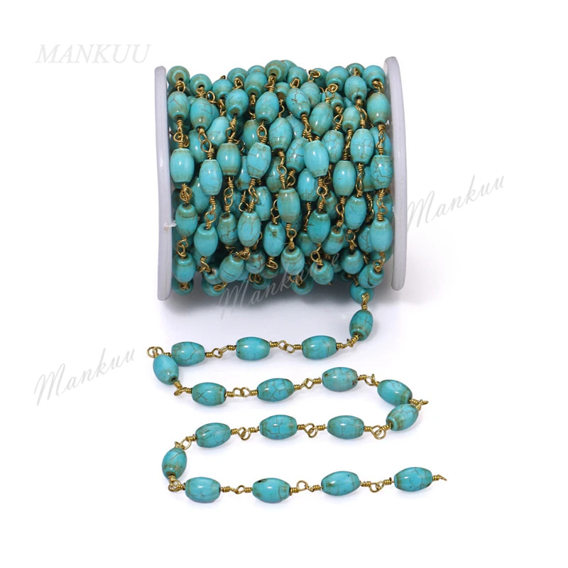 

Mankuu 6*9mm Oval Natural Green Turquoises Bead Chains Gold Plating Stone Bead Chain For Jewelry Making DIY Handmade Accessories