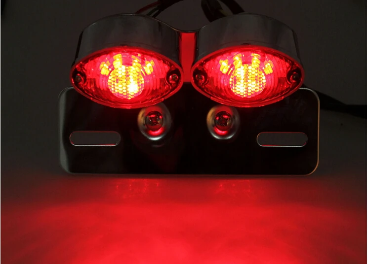 Schwarz Custom Motorrad Cat Eye LED Brems Rück Licht Kennzeichen Halterung Rot 