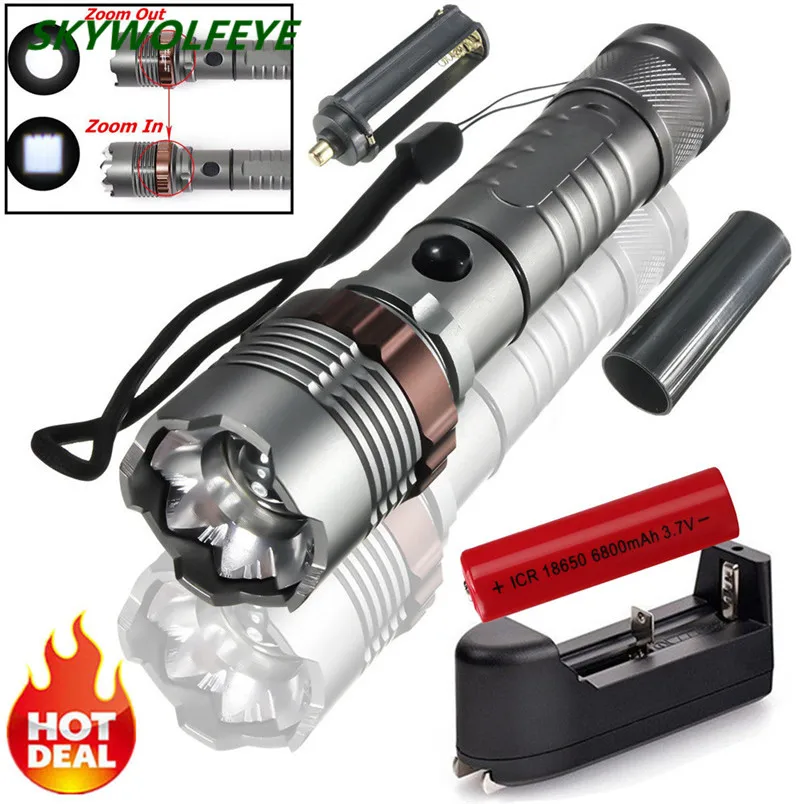 

NEW!!!Tactical T6 LED 5Modes Zoomable Flashlight Torch AAA 18650 DC Charger Powered Silver Color Camping #NS28