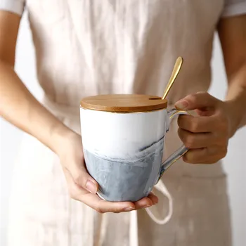 

Nordic Denmark plain marble couple models large capacity mug ceramic coffee breakfast cup with Spoon