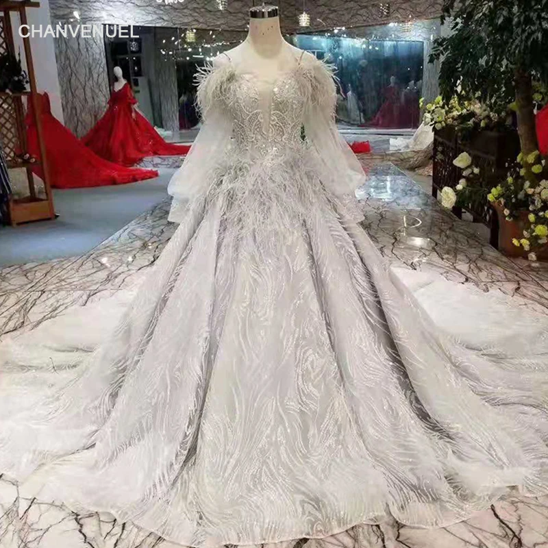

LSS324 grey evening dresses with ostrich feather sweetheart puffy long sleeves party dresses long ball gown ladies luxury dress