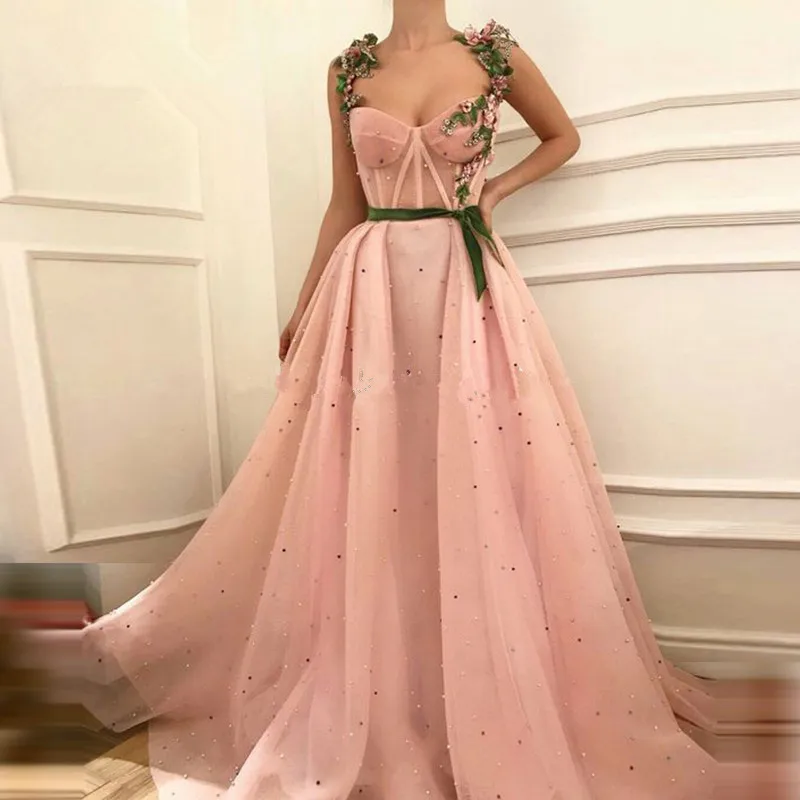 Розовые мусульманские Вечерние платья ТРАПЕЦИЕВИДНОЕ элегантное Тюлевое кружевное платье с жемчужинами и ислам Дубаи в саудовской аравии