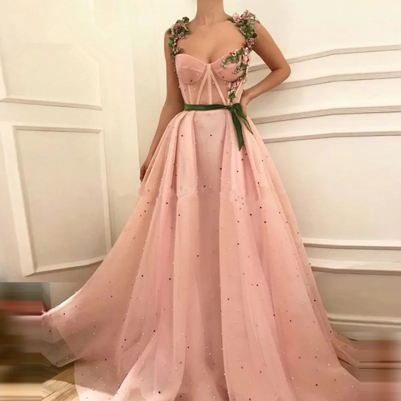 

Pink Muslim Evening Dresses 2019 A-line Sweetheart Tulle Pearls Lace Islamic Dubai Saudi Arabic Long Formal Evening Gown