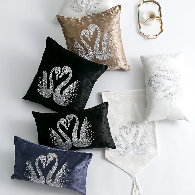 

Swan Lovers Diamond Home Decorative Cushion Cover 45x45cm Yellow Ivory Grey Soft Velvet Throw Pillow Covers For Sofa Wedding