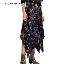 Винтажная плиссированная юбка миди с принтом и цепочкой на поясе, с кисточками, Ретро стиль, новинка, высокая талия, средняя длина, асимметричная, Свинг, Скейтер, женская черная