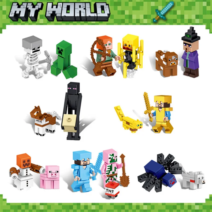 

Compatible Legoed mincraft 8pcs/set Figures Minecraft My World Zombie Steve Enderman DIY Building Block minifigures Series