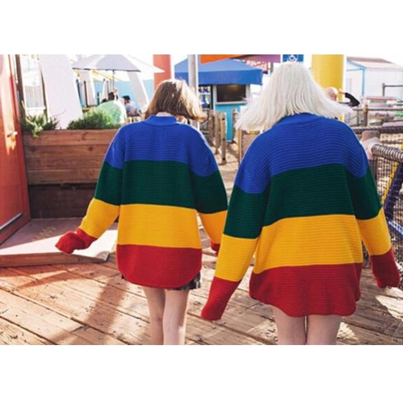 

2018 new European and American round neck fashion rainbow color Harajuku ladies pullover winter thick long-sleeved pullover