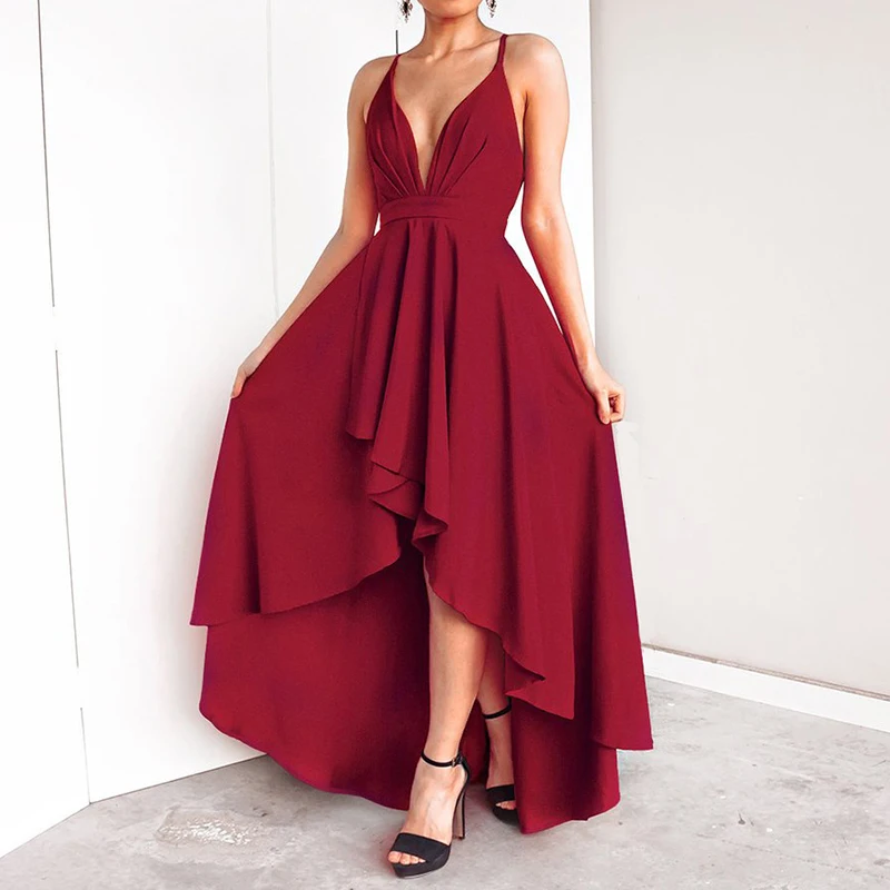 

Strapless High Waist Solid Ball Gown Party Dress Ripple Open Back Sexy Woman Deep V-neck Lace-up Dress Wedding Bridesmaid