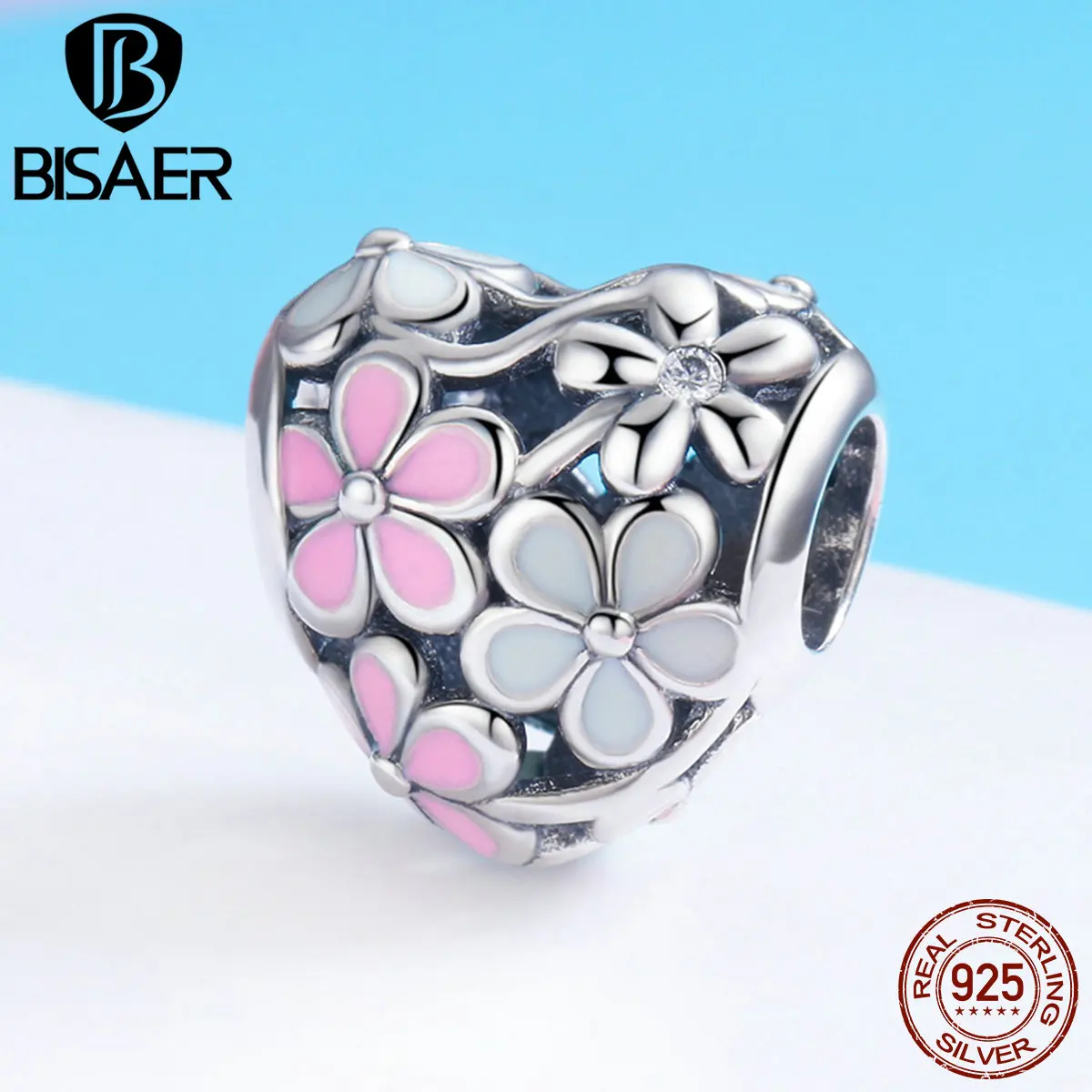 

BISAER 925 Sterling Silver Pink Enamel Cherry Flower White Charms Flower Heart Beads fit Silver 925 Jewelry Making ECC761