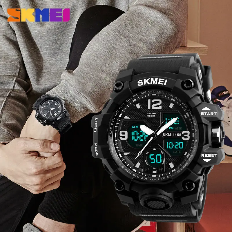 SKMEI Men Sport Watches Digital Chronograph Double Time Alarm Watch 50M Watwrproof EL Light Wristwatches Relogio Masculino 1155B